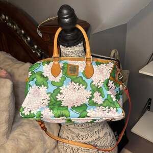 Dooney & Bourke Pink Hydrangea Coated Barrel Satchel w. Matching Card Case